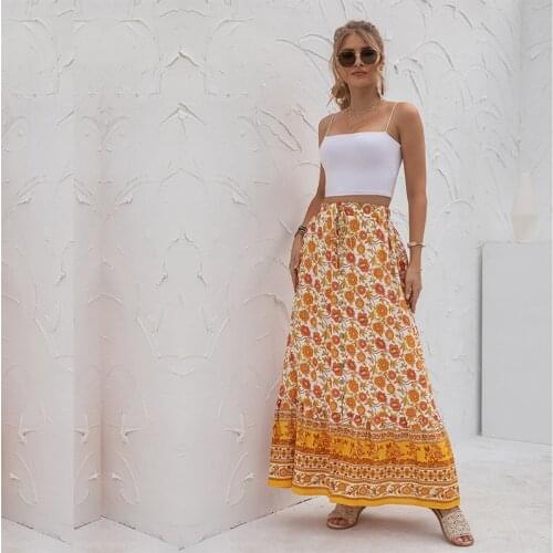 Summer Floral Print Chiffon Beach Skirt 2021 Women Vintage Slit High Waist Sundress Woman Bohemian Vacation Long Skirts Mujer