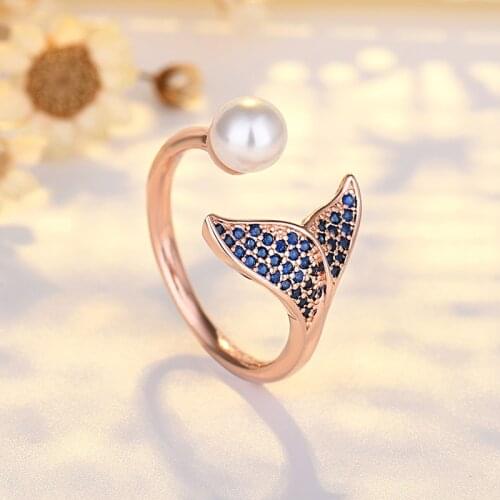 Cute Lovely Whale Tail Rings Blue Crystal Pearl Romantic Engagement Ring Jewelry Trendy Wedding Accessories Open Rings For Women