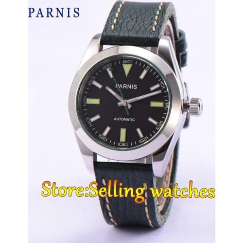 40mm Parnis Casual Sapphire Crystal Black Dial Green Strap Business Men Automatic MIYOTA MovementWatch