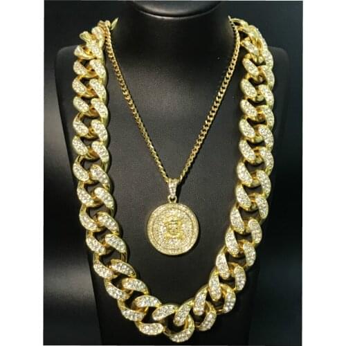 Hip Hop Men Gold Color Necklace Ice Out Cuban Crystal Miami Smiley Face Rock Pendant Necklace Set Rapper Men Jewelry Necklace