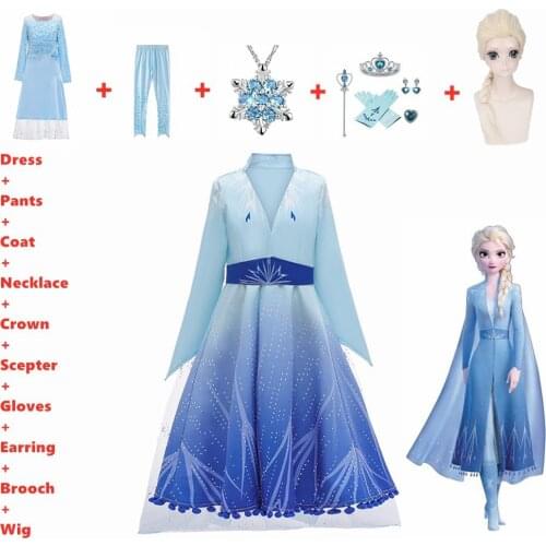 2019 New Dress For Girls Clothing Frozen 2 Aisha Princess Set Christmas Cosplay Elsa Birthday Party Sky Blue Princess Dress+Wig