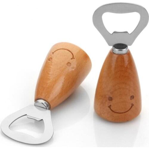 Creative Sweet Smiling Face Wooden Handle Bottle Opener Stainless Steel Beer Opener Tools Kitchen Accessories LX4486
