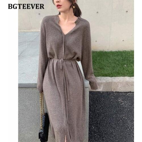 BGTEEVER Vintage Women Knitted Dress Autumn Winter Brief V-neck Warm Drawstring Lace-up Loose Midi Female Sweater Dress 2020