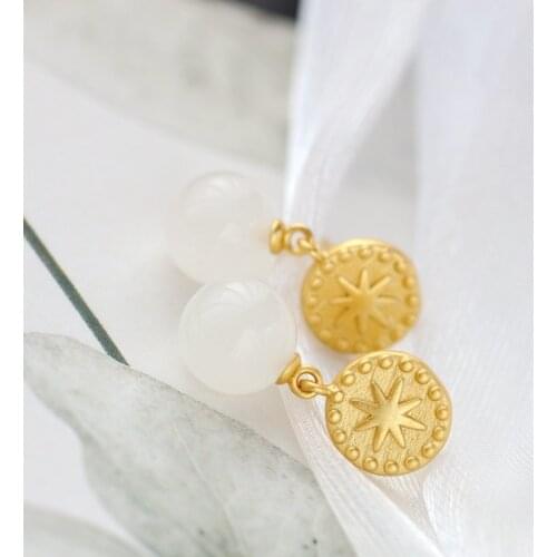 Authentic 925 Sterling Silver Earrings Inlaid Natural White Jade 18K Gold Plated Eardrop Trendy High Quality Party Fine Jewelr