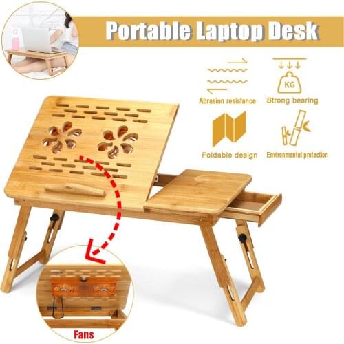 Adjustable Bamboo Laptop Desk with USB Cooling Fan Foldable Laptop Stand Notebook Table Holder Sofa Bed Office Table for home