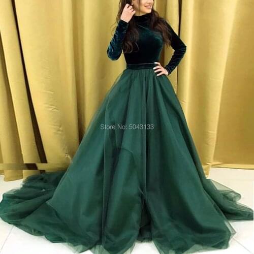 Sexy High Neckline Long Sleeves Emerald Velvet Evening Dresses Elegant Tulle Ball Gowns Prom Dress Floor Length Party Dress 2021