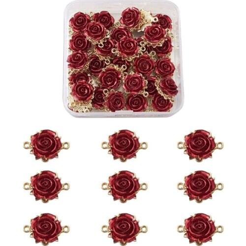 30pcs/box Alloy Links Connectors with ABS Plastic 3D Rose Flower Dark Red Light Gold for Jewelry Making DIY Bracelet Necklace