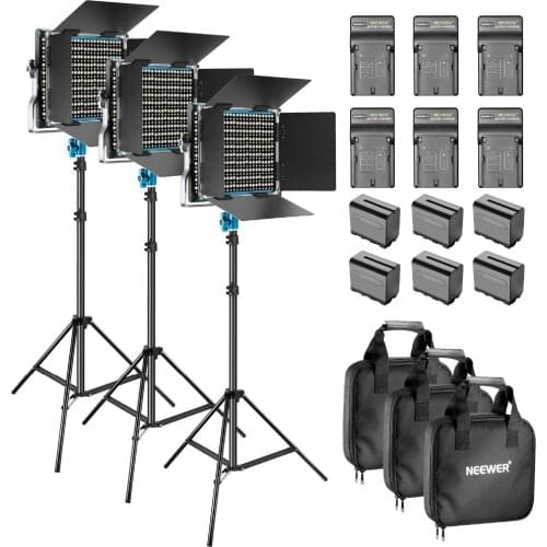 Neewer 3-Pack Dimmable Bi-Color 660 Photo Studio LED Video Light with 2m Light Stand 6-Pack Rechargeable 6600mAh Battery Youtube