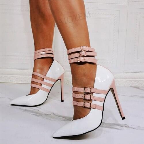 BERZIMER Women Heels Pointed Toe Buckle Straps High Heels Pumps Patchwork Sandals Tacones Altos Party Shoes Woman Size 41 45 47