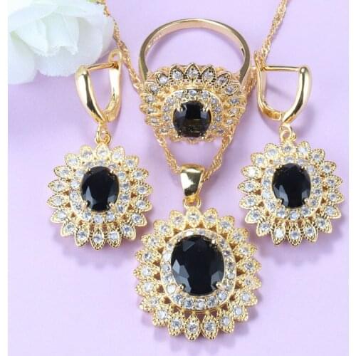 Unique Black Zircon Big Jewelry Sets Gold-Color Sunflower Costume Fashion Punk Style Necklace And Earrings Ring For Women
