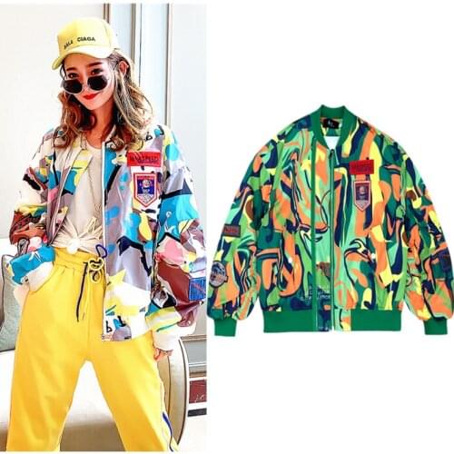 Streetwear Runway Spring Autumn Coat Women Jackets Floral Print Letters Loose Baseball Casual Outwear Appliques Tops Coats NZ138