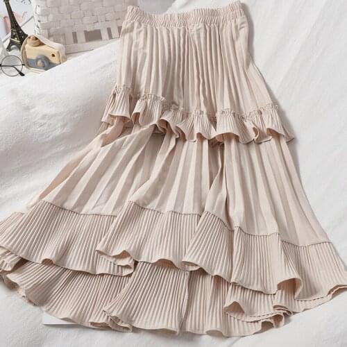 2021 New Autumn Pleated Skirt High Waist Irregular Hem Flouncing Women Long Skirts Women Fashion Faldas Jupe Femme
