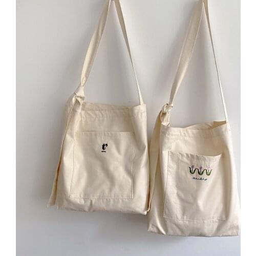 Women Casual Canvas Bag Tulip Embroidery Shoulder Bag Soft Summer Shopper Tote Bag Large Lace-up Shopping Bag Books Handbag 2021