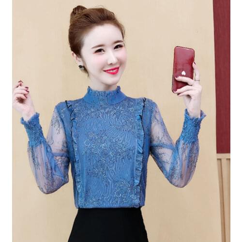 Womens Spring Summer Style Blouse Shirt Womens Lace Hollow Out Turtleneck Embroidery Long Sleeve Casual Tops DD8389