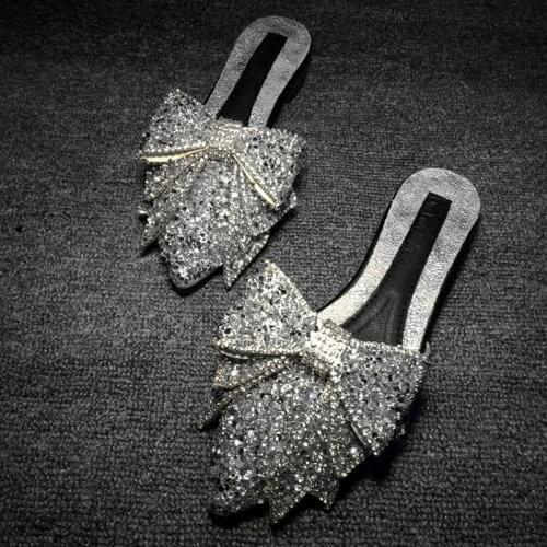 Koovan Womens Sandals 2021 Summer Rhinestone Slippers Female Footwear Pointed Sandals Slippers Half Bow Flat Shoes for Girls