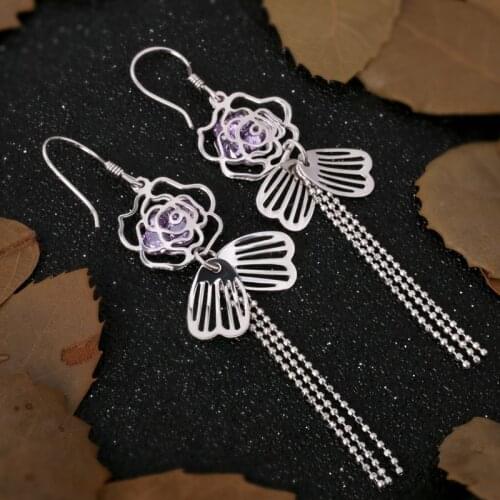 BeBe Kitty 100% Real 925 Silver Fashion Designer Purple Stone crystal CZ tassel Long Dangle Earrings For Women Jewelry