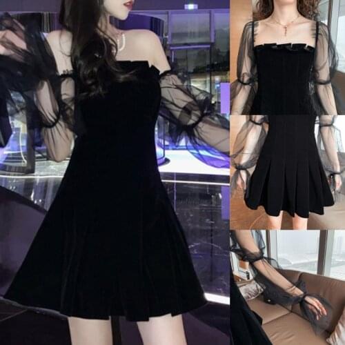 Gothic Sexy Dress Vintage Off Shoulder Lanter Sleeve Mesh Patchwork Velvet Mini Dress Dark Street Black Dress For Female
