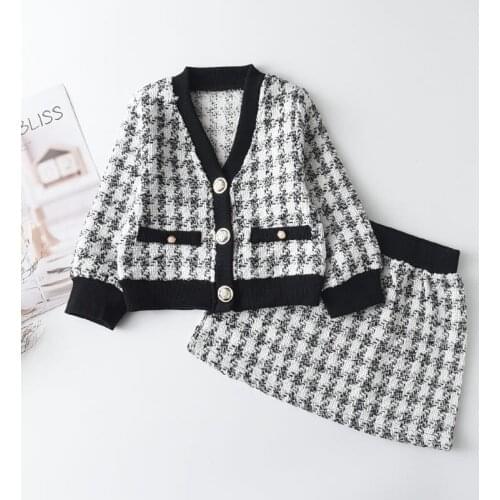 Girls Winter Elegant Clothing Set 2020 New Autumn Kids Plaid Sweater and Skirt 2 Pcs Outfits Baby Clothes Fashion Clothes