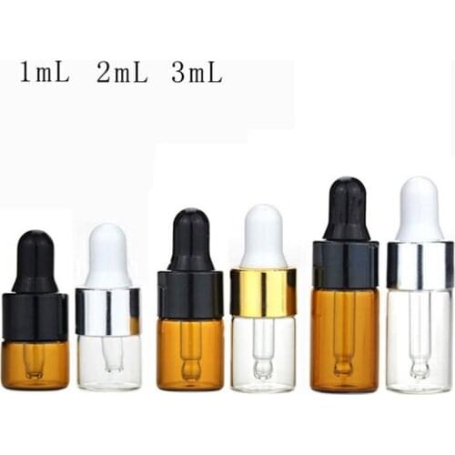 1/2/3ml Mini Glass Dropper Bottle,Transparent Bottle with gold and silver lid Empty glass dropper bottle for perfume F20172170