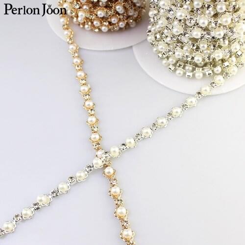 1 yard 7mm width metal flower torus pearl chain rhinestone trim DIY decorated in clothing, bags,shose accessories ML120