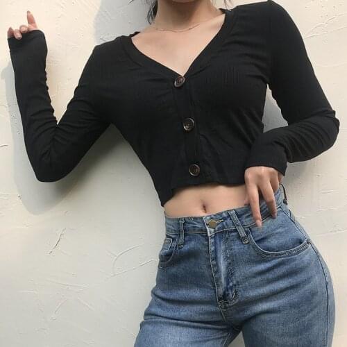 2020 Hirigin Women Sexy Long Sleeve V-neck Knit Top Fashion Solid Color Buttons Tops for Ladies