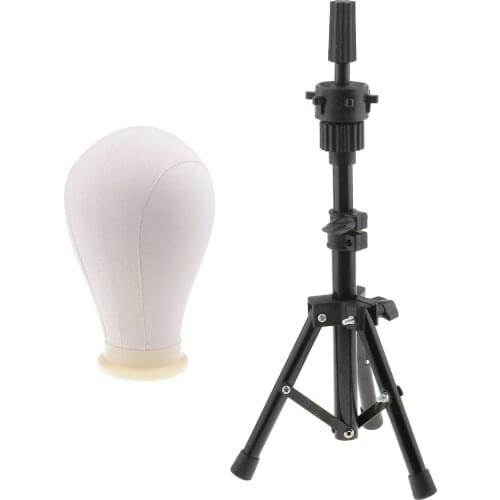 24’’ Beige Wig Making Styling Cork Canvas Block Mannequin Head Model with Metal Adjustable Wigs Head Stand Tripod Set