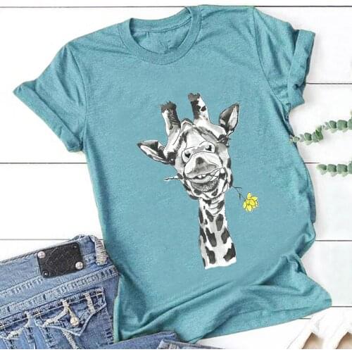 25# Creative Funny Giraffe Print Top Woman Round Neck Short Sleeve Tops T-shirt Summer Casual Pullover Loose T-shirts Top
