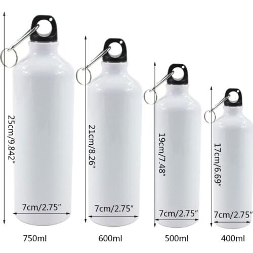 400/500/600/750ml White Blank Sublimation Water Bottle with Screw Cap Carabiner Hook Aluminum Outdoor Sports Leakproof Kettle