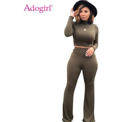 Adogirl 2019 Autumn Winter Ribbed Knit Two Piece Turtleneck Long Sleeve Crop Top Wide Leg Pants Women Fashion Casual Suits