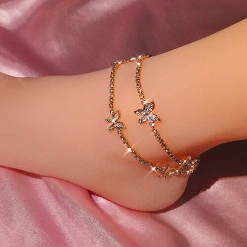 Shiny Crystal Butterfly Anklet for Women Gold Silver Color Statement Tennis Chain Bracelet On Leg Fashion Beach Party Jewelry