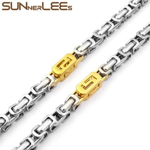 SUNNERLEES Fashion Jewelry Stainless Steel Necklace 6mm Geometric Byzantine Link Chain Silver Color Gold Plated Men Women SC99 N