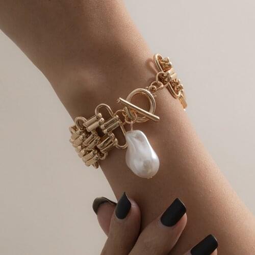 DIEZI Exaggerated Punk Geometric Baroque Imitation Pearl Bracelet Vintage Bohemian Gold Silver Color Wide Chain Bracelet Sets