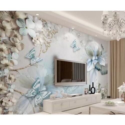 Beibehang Mural wallpaper 3d three-dimensional mediterranean flower butterfly beautiful jewelry TV background wall 3d wallpaper