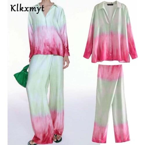 Klkxmyt Za 2 Piece Set Women Tops And Pants Sets 2021 Printed Long Sleeve Shirt Loose Casual Wide Leg Pants Suit Woman Outfit
