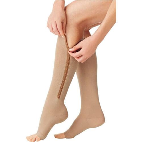 Zipper Compression Stockings For Men Women Nylon Zipper Knee Socks Unisex Leg Support Stretch Pressure Open Toe Long Socks