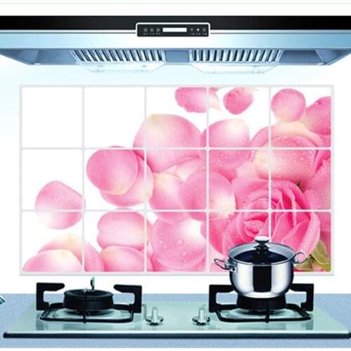 Kitchen Oil-proof Stickers Home Decoration Accessories Aluminum Foil High Temperature Wall Paper Romantic Pink Rose Wall Sticker