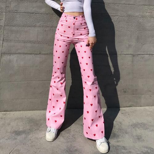 Sweet Heart Printed High Waist Flare Pants 2021 Womens Casual Streetwear Slim Long Trousers Chic Pants For WOmen