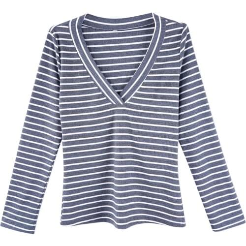 Neatie kiddie Long Sleeve Stripe Knitted T-shirt for Women Sexy Fashion V-neck Slim Tee Shirt Femme T shirt