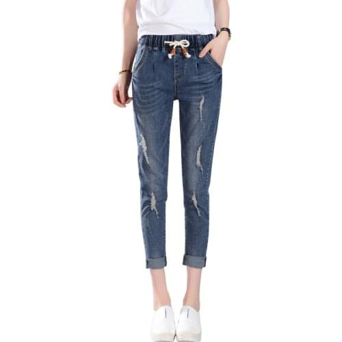 New Elastic Waist Jeans Women New Spring Autumn Casual Fashion Thin All-Match Hole Denim Pants Female Plus Size Harem Pants