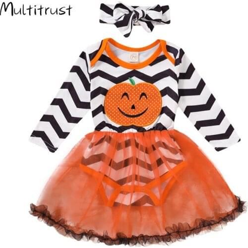 Infant Baby Girls Halloween Dress Outfit Pumpkin Long Sleeve Bodysuit Lace Skirt Headband 2PCS Clothes Set 0-18M