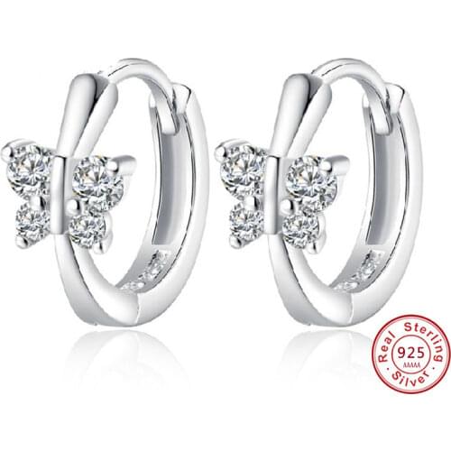 Cute Solid 925 Sterling Silver White CZ Butterfly Stud Earrings for Women Child Girls Kids Bridal Wedding Plata Jewellery