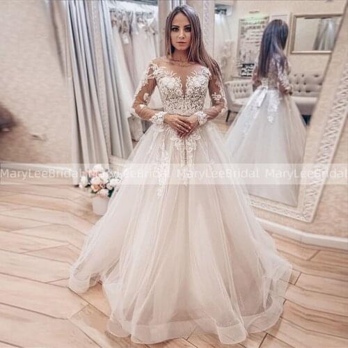 Nude Long Sleeves Wedding Dress With White Appliques Sheer Scoop Neckline Tulle Skirt Boho Bridal Dresses Lace Up Back Customize