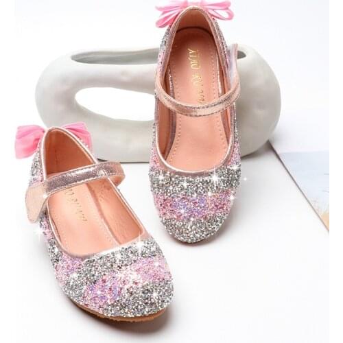 Spring Princess Kids Leather Shoes For Girls Sequins Casual Glitter Children High Heel Girl Shoes Student Dance Shoes Size 26-34