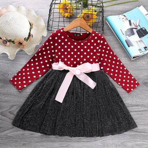 Girls Spring Winter Dresses Kids Polka Dot Print Long Sleeve Clothes Children Elegant Party Tutu Bowknot Tulle Princess Dress