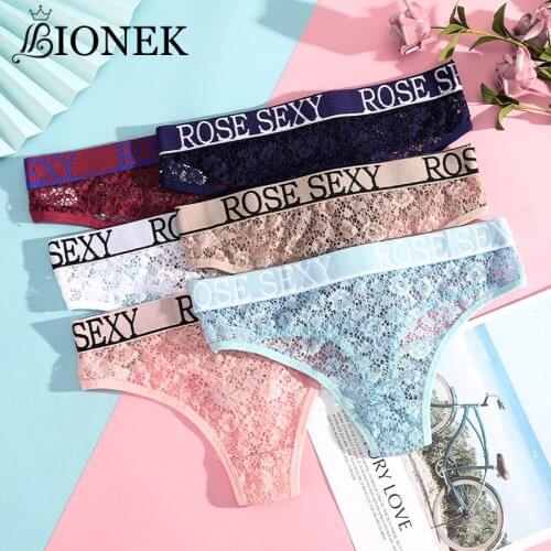 BIONEK Womens Panties Sexy Lace Thong Panty G-strings Hollow Briefs Letter Underwear Breathable Female Lingerie Low Waist