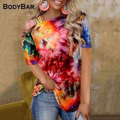 Vintage Tie Dye Gradient Print Pullover For Ladies Hollow Out Strapless Oversized T Shirt Summer 2021 Female Harajuku Casual Tee