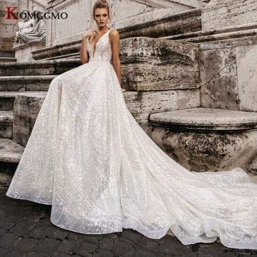 2021 New Arrival Deep V-Neck Shiny Cathedral Train Wedding Dress for Women Luxury Backless Sleeveless Tulle Bridal Ball Gown