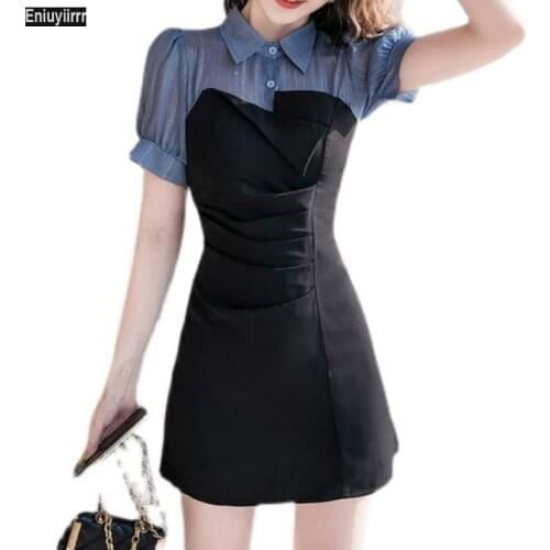 Office Lady Work Notched Shirt Dress Stitching High Waist Women Fashion Double-Breated Button Shirt Dresses Vestidos