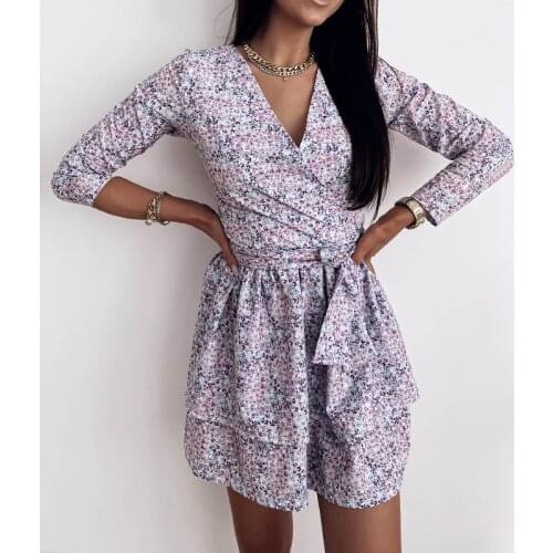Women Spring V Neck Floral Print Dress Casual Long Sleeve Ruffles Short Dress Bohemian Female A Line Sashes 2021 New Vestidos
