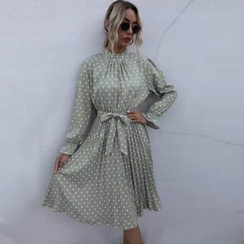 Elegant Polka Dot Print Dress Women A-line Ruffled Flare Sleeves Bohemian Midi Dresses A-line Bow Vintage Clothing Vestidos 2020